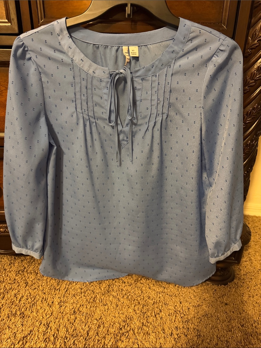 Elle Light Blue Tie-Neck Pintuck Blouse